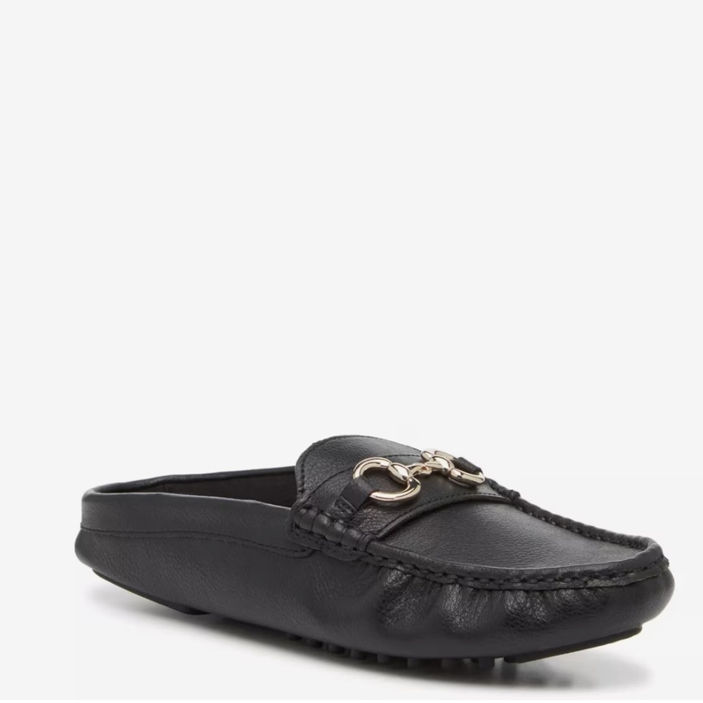 Anne Klein Black Leather Mules with Metallic Detail
